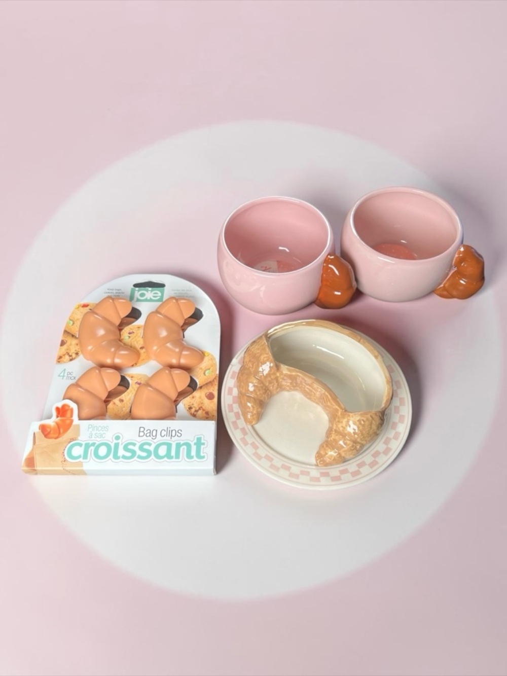 Croissant Bundle of 4, Bag Clips, Serving Dish, 2 Coffee Mugs